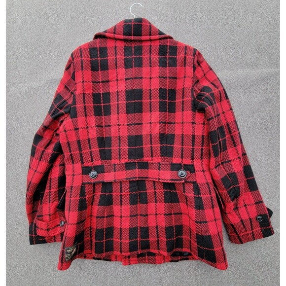 Denim Supply Ralph Lauren M Red Black Buffalo Plaid Double-breasted Pea Coat - Picture 2 of 8